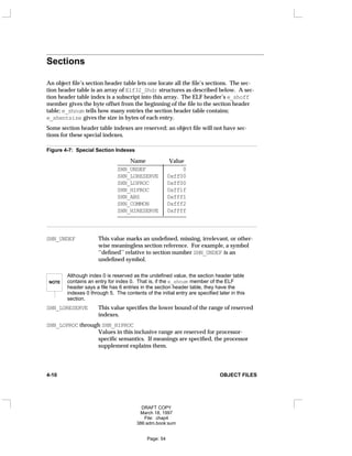 Sections
An object file’s section header table lets one locate all the file’s sections. The sec-
tion header table is an array of Elf32_Shdr structures as described below. A sec-
tion header table index is a subscript into this array. The ELF header’s e_shoff
member gives the byte offset from the beginning of the file to the section header
table; e_shnum tells how many entries the section header table contains;
e_shentsize gives the size in bytes of each entry.
Some section header table indexes are reserved; an object file will not have sec-
tions for these special indexes.
Figure 4-7: Special Section Indexes
Name Value
________________________
SHN_UNDEF 0
SHN_LORESERVE 0xff00
SHN_LOPROC 0xff00
SHN_HIPROC 0xff1f
SHN_ABS 0xfff1
SHN_COMMON 0xfff2
SHN_HIRESERVE 0xffff
________________________









SHN_UNDEF This value marks an undefined, missing, irrelevant, or other-
wise meaningless section reference. For example, a symbol
‘‘defined’’ relative to section number SHN_UNDEF is an
undefined symbol.
NOTE
Although index 0 is reserved as the undefined value, the section header table
contains an entry for index 0. That is, if the e_shnum member of the ELF
header says a file has 6 entries in the section header table, they have the
indexes 0 through 5. The contents of the initial entry are specified later in this
section.
SHN_LORESERVE This value specifies the lower bound of the range of reserved
indexes.
SHN_LOPROC through SHN_HIPROC
Values in this inclusive range are reserved for processor-
specific semantics. If meanings are specified, the processor
supplement explains them.
4-10 OBJECT FILES
DRAFT COPY
March 18, 1997
File: chap4
386:adm.book:sum
Page: 54
 