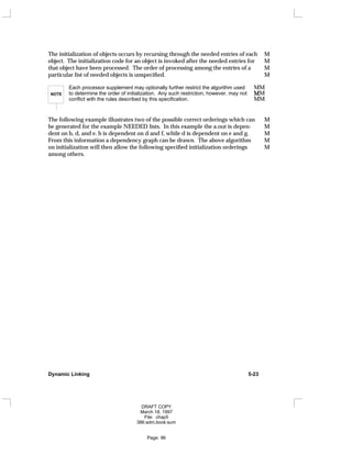 The initialization of objects occurs by recursing through the needed entries of each M
object. The initialization code for an object is invoked after the needed entries for M
that object have been processed. The order of processing among the entries of a M
particular list of needed objects is unspecified. M
NOTE M
Each processor supplement may optionally further restrict the algorithm used MM
to determine the order of initialization. Any such restriction, however, may not MM
conflict with the rules described by this specification. MM
The following example illustrates two of the possible correct orderings which can M
be generated for the example NEEDED lists. In this example the a.out is depen- M
dent on b, d, and e. b is dependent on d and f, while d is dependent on e and g. M
From this information a dependency graph can be drawn. The above algorithm M
on initialization will then allow the following specified initialization orderings M
among others.
Dynamic Linking 5-23
DRAFT COPY
March 18, 1997
File: chap5
386:adm.book:sum
Page: 96
 