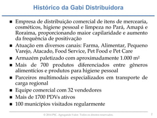 2© 2014 PSC. Agregando Valor. Todos os direitos reservados.
 Empresa de distribuição comercial de itens de mercearia,
cosméticos, higiene pessoal e limpeza no Pará, Amapá e
Roraima, proporcionando maior capilaridade e aumento
da frequência de positivação
 Atuação em diversos canais: Farma, Alimentar, Pequeno
Varejo, Atacado, Food Service, Pet Food e Pet Care
 Armazém paletizado com aproximadamente 1.000 m²
 Mais de 700 produtos diferenciados entre gêneros
alimentícios e produtos para higiene pessoal
 Parceiros multimodais especializados em transporte de
carga regional
 Equipe comercial com 32 vendedores
 Mais de 1700 PDVs ativos
 100 municípios visitados regularmente
Histórico da Gabi Distribuidora
 