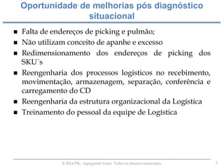 3© 2014 PSC. Agregando Valor. Todos os direitos reservados.
 Falta de endereços de picking e pulmão;
 Não utilizam conceito de apanhe e excesso
 Redimensionamento dos endereços de picking dos
SKU´s
 Reengenharia dos processos logísticos no recebimento,
movimentação, armazenagem, separação, conferência e
carregamento do CD
 Reengenharia da estrutura organizacional da Logística
 Treinamento do pessoal da equipe de Logística
Oportunidade de melhorias pós diagnóstico
situacional
 