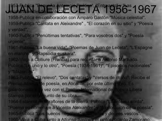 JUAN DE LECETA 1956-1967
1957-Publica "Pequeña Antología Poética", "Entreacto" y "Las
resistencias del diamante".W
1958-Publica en colaboración con Amparo Gastón "Música celestial".
1959-Publica "Cantata en Aleixandre" , "El corazón en su sitio" y "Poesía
y verdad".
1960-Publica "Penúltimas tentativas", "Para vosotros dos" y "Poesía
urgente".
1961-Publica "La buena vida", "Poemas de Juan de Leceta", "L'Espagne
en marche" y "Rapsodia euskara".
1962-Viaja a Colliure (Francia) para recordar a Antonio Machado.
Publica "Lo uno y lo otro", "Poesía (1934-1961)", "Episodios nacionales"
y "Mazorcas".
1963-Publica "El relevo", "Dos cantatas" y "Versos de otoño". Recibe el
Premio Atalaya de poesía, en Alicante, por este último libro. Es
galardonado a su vez con el Premio Internacional de Poesía Libera
Stampa por el conjunto de su obra.
1964-Estancia en Miraflores de la Sierra. Publica "La linterna sorda",
"Poema en homenaje a Vicente Aleixandre" y "Exploración de la poesía".
1965-Publica "Los buenos negocios" y "Baladas y decires vascos".
 
