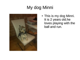 My dog Minni
● This is my dog Minni.
It is 2 years old.he
loves playing with the
ball and run.
 