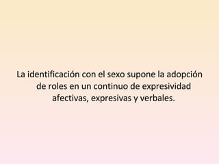 La identificación con el sexo supone la adopción de roles en un continuo de expresividad afectivas, expresivas y verbales. 