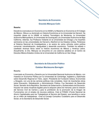 Secretaría de Economía
Graciela Márquez Colín
Reseña:
Estudió la Licenciatura en Economía en la UNAM y la Maestría en Economía en El Colegio
de México. Obtuvo su doctorado en Historia Económica en la Universidad de Harvard. Ha
impartido clases en la UNAM, el Instituto Tecnológico de Monterrey, la Universidad
Autónoma Metropolitana, la Universidad de Guanajuato y la Universidad Autónoma de Baja
California. Además, fue Profesora Visitante en la Universidad de Chicago y ha impartido
seminarios en las universidades de Harvard y Stanford en los Estados Unidos. Pertenece
al Sistema Nacional de Investigadores y es autora de varios artículos sobre política
comercial, industrialización, desigualdad y desarrollo económico. También ha editado o
coeditado diversos libros sobre la historia económica de México y América Latina.
Actualmente, la Dra. Márquez se encuentra en una estancia sabática en el Centro de
Estudios México-Estados Unidos de la Universidad de California en San Diego.
Secretaría de Educación Pública
Esteban Moctezuma Barragán
Reseña:
Licenciado en Economía y Derecho por la Universidad Nacional Autónoma de México, con
maestría en Economía Política por la Universidad de Cambridge, Inglaterra y Diplomado
sobre Desarrollo Regional en Tokio, Japón. Presidente de Fundación Azteca, Economista
y Abogado, con una de las carreras políticas más completas. Autor de importantes obras
sobre Educación, Globalización y Administración Pública. Fue Secretario de Desarrollo
Social, Senador de la República, Secretario de Gobernación y Subsecretario de Educación.
Impulsor de varias iniciativas legales para la adopción plena de menores; para la creación
del Servicio Civil de Carrera y para la prohibición de la promoción de la Imagen de
Funcionarios con el empleo de recursos públicos. Creó el FONAC (Fondo Nacional de
Ahorro Capitalizable para los Trabajadores al Servicio del Estado), que beneficia a cerca
de un millón de trabajadores. -Creó el Consejo Consultivo Ciudadano para el Desarrollo
Social, en la Secretaría de Desarrollo Social.
 