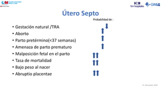 • Gestación natural /TRA
• Aborto
• Parto pretérmino(<37 semanas)
• Amenaza de parto prematuro
• Malposición fetal en el parto
• Tasa de mortalidad
• Bajo peso al nacer
• Abruptio placentae
Útero Septo
Probabilidad de :
Dr. Moratalla 2020
 