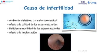 Dr. Moratalla 2020
Causa de infertilidad
• Ambiente deletéreo para el moco cervical
• Afecta a la calidad de los espermatozoides.
• Deficiente movilidad de los espermatozoides
• Afecta a la implantación
 