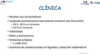 Dr. Moratalla 2020
CLÍNICA
• Muchos son asintomáticos.
• Sangrado postmenstrual intermitente (síntoma más frecuente)
• 28,9 – 30 % con istmocele
• 6,9 % sin istmocele
• Infertilidad
• Dolor y dismenorrea
• Embarazo ectópico
• 1 /1886-2216
• Aumento de complicaciones en legrados y ablacción endometrial
Dra. Beatriz Arenas Dra. Beatriz Arenas
 