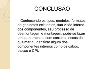 CONCLUSÃO
Conhecendo os tipos, modelos, formatos
de gabinetes existentes, sua visão interna
dos componentes, seu processo de
desmontagem e montagem, pode-se fazer
um bom trabalho sem correr os riscos de
queimar ou danificar algum dos
componentes internos como os cabos,
placas e CPU.
 
