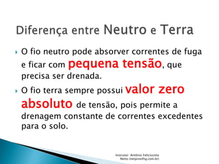    O fio neutro pode absorver correntes de fuga
    e ficar com pequena       tensão, que
    precisa ser drenada.
   O fio terra sempre possui valor                    zero
    absoluto     de tensão, pois permite a
    drenagem constante de correntes excedentes
    para o solo.


                          Instrutor: Antônio Felicíssimo
                             Netto (netprov@ig.com.br)
 