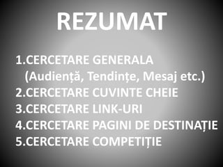 REZUMAT
1.CERCETARE GENERALA
(Audiență, Tendințe, Mesaj etc.)
2.CERCETARE CUVINTE CHEIE
3.CERCETARE LINK-URI
4.CERCETARE PAGINI DE DESTINAȚIE
5.CERCETARE COMPETIȚIE
 
