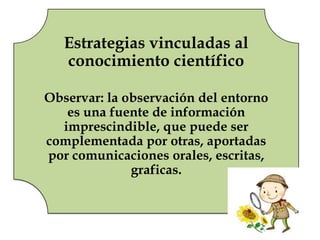 Estrategias vinculadas al
conocimiento científico
Observar: la observación del entorno
es una fuente de información
imprescindible, que puede ser
complementada por otras, aportadas
por comunicaciones orales, escritas,
graficas.
 