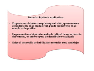 Formular hipótesis explicativas
• Proponer una hipótesis requiere que el niño, que se mueve
cómodamente en el mundo real, pueda promoverse en el
mundo de lo posible
• Un pensamiento hipótesis cambia la calidad de conocimiento
del entorno, en tanto se pasa de describirlo o explicarlo
• Exige el desarrollo de habilidades mentales muy complejas
 