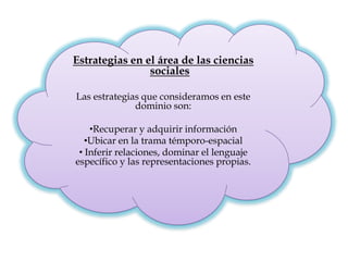 Estrategias en el área de las ciencias
sociales
Las estrategias que consideramos en este
dominio son:
•Recuperar y adquirir información
•Ubicar en la trama témporo-espacial
• Inferir relaciones, dominar el lenguaje
específico y las representaciones propias.
 