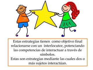 Estas estrategias tienen como objetivo final
relacionarse con un interlocutor, potenciando
las competencias de interactuar a través de
símbolos.
Estas son estrategias mediante las cuales dos o
más sujetos interactúan.
 