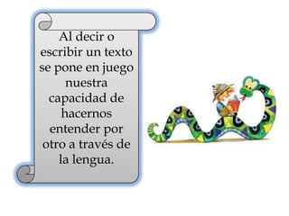 Al decir o
escribir un texto
se pone en juego
nuestra
capacidad de
hacernos
entender por
otro a través de
la lengua.
 