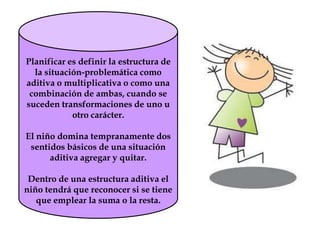 Planificar es definir la estructura de
la situación-problemática como
aditiva o multiplicativa o como una
combinación de ambas, cuando se
suceden transformaciones de uno u
otro carácter.
El niño domina tempranamente dos
sentidos básicos de una situación
aditiva agregar y quitar.
Dentro de una estructura aditiva el
niño tendrá que reconocer si se tiene
que emplear la suma o la resta.
 