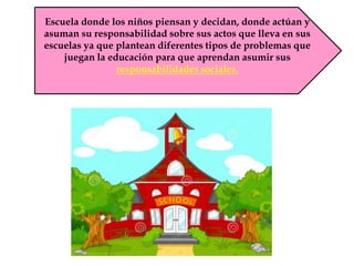 Escuela donde los niños piensan y decidan, donde actúan y
asuman su responsabilidad sobre sus actos que lleva en sus
escuelas ya que plantean diferentes tipos de problemas que
juegan la educación para que aprendan asumir sus
responsabilidades sociales.
 