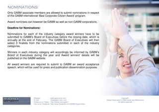 NOMINATIONS
Only GABM associate members are allowed to submit nominations in respect
of the GABM international ‘Best Corporate Citizen Award’ program.

Award nominees can however be GABM as well as non-GABM corporations.

Deadline for Nominations:

Nominations for each of the industry category award winners have to be
submitted to GABM’s Board of Executives before the closing date, which is
annually at the end of February. The GABM Board of Executives will then
select 3 finalists from the nominations submitted in each of the industry
categories.

Winners in each industry category will accordingly be informed by GABM’s
Board of Executives during the year and Award winners' details will be
published on the GABM website.

All award winners are required to submit to GABM an award acceptance
speech, which will be used for press and publication dissemination purposes.




                     Website:              www.gabm-pinc.com                                               Copyright.
                     E-mail:               info@gabm-pinc.com                         Global Association of Billionaires and Millionaires.
                     Follow us on Twitter: http://twitter.com/gabm1                                  All rights reserved.
                     Like us on Facebook: http://www.facebook.com/GABM.Organization
 