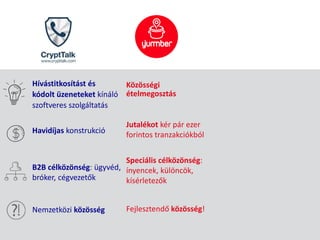 Hívástitkosítást és
kódolt üzeneteket kínáló
szoftveres szolgáltatás
Havidíjas konstrukció
B2B célközönség: ügyvéd,
bróker, cégvezetők
Nemzetközi közösség
Közösségi
ételmegosztás
Jutalékot kér pár ezer
forintos tranzakciókból
Speciális célközönség:
ínyencek, különcök,
kísérletezők
Fejlesztendő közösség!
 