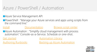 ■Azure Service Management API
■PowerShell : “Manage your Azure services and apps using scripts from
the command line.”
Install Documentation Browse script center
■Azure Automation : “Simplify cloud management with process
automation.” Console-as-a-Service. Schedule or one-shot.
Get started Automation Library
Authoring Runbooks Backing up Azure Automation
Azure / PowerShell / Automation
 