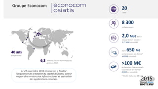 Groupe Econocom
2,0 Md€ de CA
en pro forma* en 2013
1,77 Md€ consolidé
collaborateurs
8 300
pays
20
40 ans
d’expérience
Millions d’actifs technologiques
gérés en 2013
6,3
dont 650 M€
en Services en pro forma*
443 M€ consolidé
>100 M€
de Résultats Opérationnels
Courants en pro forma*
89 M€ en consolidéLe 22 novembre 2013, Econocom a finalisé
l'acquisition de la totalité du capital d'Osiatis, acteur
majeur des services aux infrastructures et spécialiste
des applications connexes.
* Osiatis inclus sur 12 mois
 