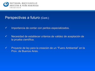 Importancia de contar con peritos especializados. Necesidad de establecer criterios de validez de aceptación de la prueba científica. Proyecto de ley para la creación de un “Fuero Ambiental” en la Prov. de Buenos Aires. Perspectivas a futuro  (Cont.) 