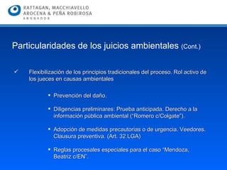 Flexibilización de los principios tradicionales del proceso. Rol activo de los jueces en causas ambientales  Prevención del daño.  Diligencias preliminares: Prueba anticipada. Derecho a la información pública ambiental (“Romero c/Colgate”).  Adopción de medidas precautorias o de urgencia. Veedores. Clausura preventiva. (Art. 32 LGA) Reglas procesales especiales para el caso “Mendoza, Beatriz c/EN”. Particularidades de los juicios ambientales  (Cont.) 