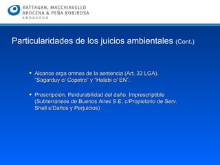 Alcance erga omnes de la sentencia (Art. 33 LGA). “ Sagarduy c/ Copetro” y “Halabi c/ EN”. Prescripción.  Perdurabilidad del daño. Imprescriptible ( Subterráneos de Buenos Aires S.E. c/Propietario de Serv. Shell s/Daños y Perjuicios) Particularidades de los juicios ambientales  (Cont.) 