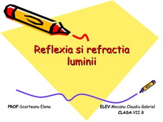 Reflexia si refractia luminii PROF :Scorteanu Elena   ELEV :Mocanu Claudiu Gabriel CLASA :VII B 