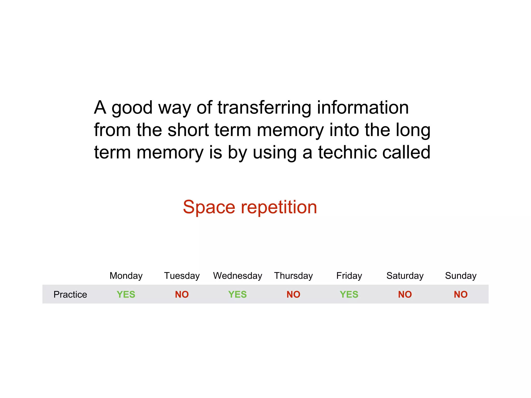 A good way of transferring information
from the short term memory into the long
term memory is by using a technic called
Space repetition
Monday Tuesday Wednesday Thursday Friday Saturday Sunday
Practice YES NO YES NO YES NO NO
 