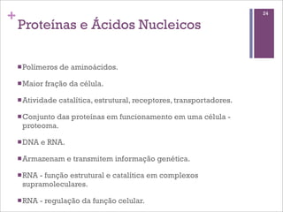 +                                                                         24

    Proteínas e Ácidos Nucleicos

    n Polímeros   de aminoácidos.

    n Maior   fração da célula.

    n Atividade   catalítica, estrutural, receptores, transportadores.

    n Conjunto
             das proteínas em funcionamento em uma célula -
     proteoma.

    n DNA   e RNA.

    n Armazenam      e transmitem informação genética.

    n RNA
         - função estrutural e catalítica em complexos
     supramoleculares.

    n RNA   - regulação da função celular.
 