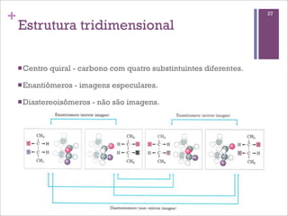 +                                                                        27

    Estrutura tridimensional

    n Centro   quiral - carbono com quatro substintuintes diferentes.

    n Enantiômeros   - imagens especulares.

    n Diastereoisômeros   - não são imagens.
 
