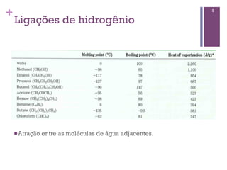 +                                                         5

    Ligações de hidrogênio




    n Atração   entre as moléculas de água adjacentes.
 