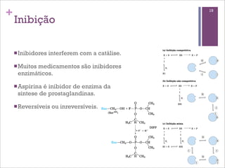 +                                                19

    Inibição

    n Inibidores   interferem com a catálise.

    n Muitos
           medicamentos são inibidores
     enzimáticos.

    n Aspirina
              é inibidor de enzima da
     sintese de prostaglandinas.

    n Reversíveis   ou inreversíveis.
 