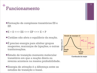 +                                                     7

    Funcionamento

    n Formação    de complexos transitórios ES e
      EP.

    n E   + S <=> ES <=> EP <=> E + P

    n Catálise   não afeta o equilíbrio da reação.

    n Épreciso energia para alinhar grupos
      reagentes, rearranjos de ligações, e outras
      tranformações.

    n Estado de transição momento molecular
      transitório em que a reação direta ou
      reversa acontece na mesma probabilidade.

    n Energiade ativação é a diferença entre os
      estados de transição e basal.
 