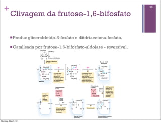 +                                                                         38

         Clivagem da frutose-1,6-bifosfato

         n Produz   gliceraldeído-3-fosfato e diidriacetona-fosfato.

         n Catalisada   por frutose-1,6-bifosfato-aldolase - reversível.




Monday, May 7, 12
 