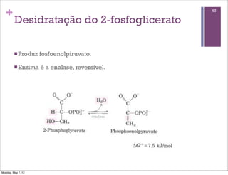 +                                             43

         Desidratação do 2-fosfoglicerato

         n Produz   fosfoenolpiruvato.

         n Enzima   é a enolase, reversível.




Monday, May 7, 12
 