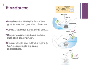 +                                              13

    Biossíntese

    n Biossíntese
                e oxidação de ácidos
     graxos ocorrem por vias diferentes.

    n Compartimentos   distintos da célula.

    n Requer
            um intermediário de três
     carbonos: Malonil-CoA

    n Conversão
               de acetil-CoA a malonil-
     CoA necessita de biotina e
     bicarbonato.
 