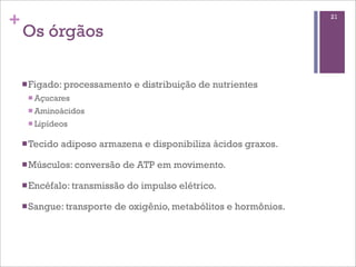 +                                                                   21

    Os órgãos

    n Figado: processamento    e distribuição de nutrientes
     n Açucares

     n Aminoácidos

     n Lipídeos


    n Tecido   adiposo armazena e disponibiliza ácidos graxos.

    n Músculos: conversão   de ATP em movimento.

    n Encéfalo: transmissão   do impulso elétrico.

    n Sangue: transporte   de oxigênio, metabólitos e hormônios.
 