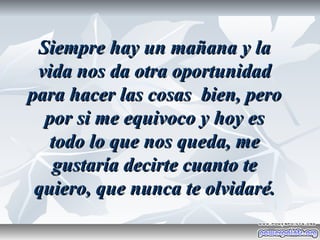 Siempre hay un mañana y la
 vida nos da otra oportunidad
para hacer las cosas bien, pero
  por si me equivoco y hoy es
   todo lo que nos queda, me
   gustaría decirte cuanto te
 quiero, que nunca te olvidaré.
 