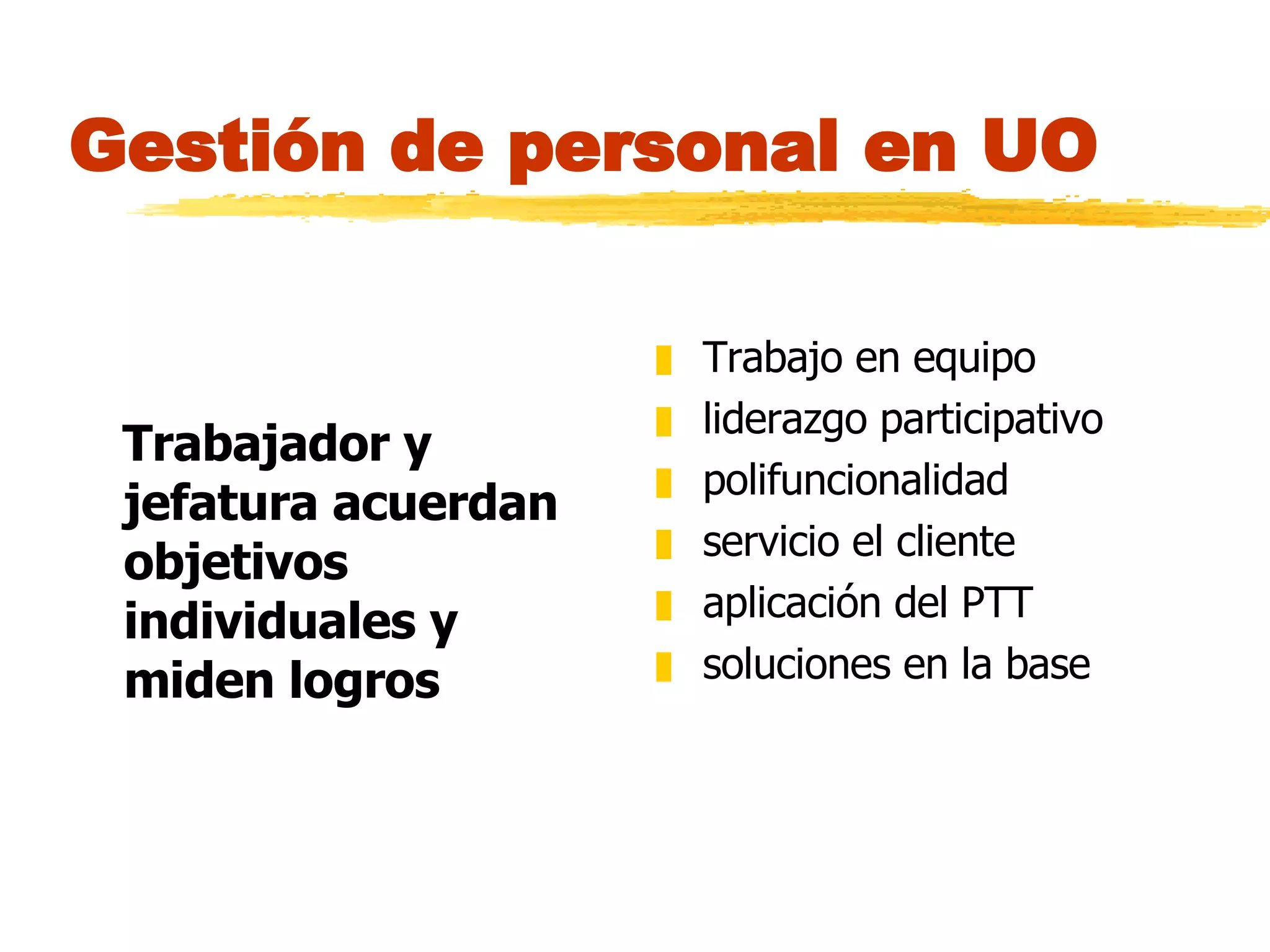 Gestión de personal en UO Trabajador y jefatura acuerdan objetivos individuales y miden logros Trabajo en equipo liderazgo participativo polifuncionalidad servicio el cliente aplicación del PTT soluciones en la base 