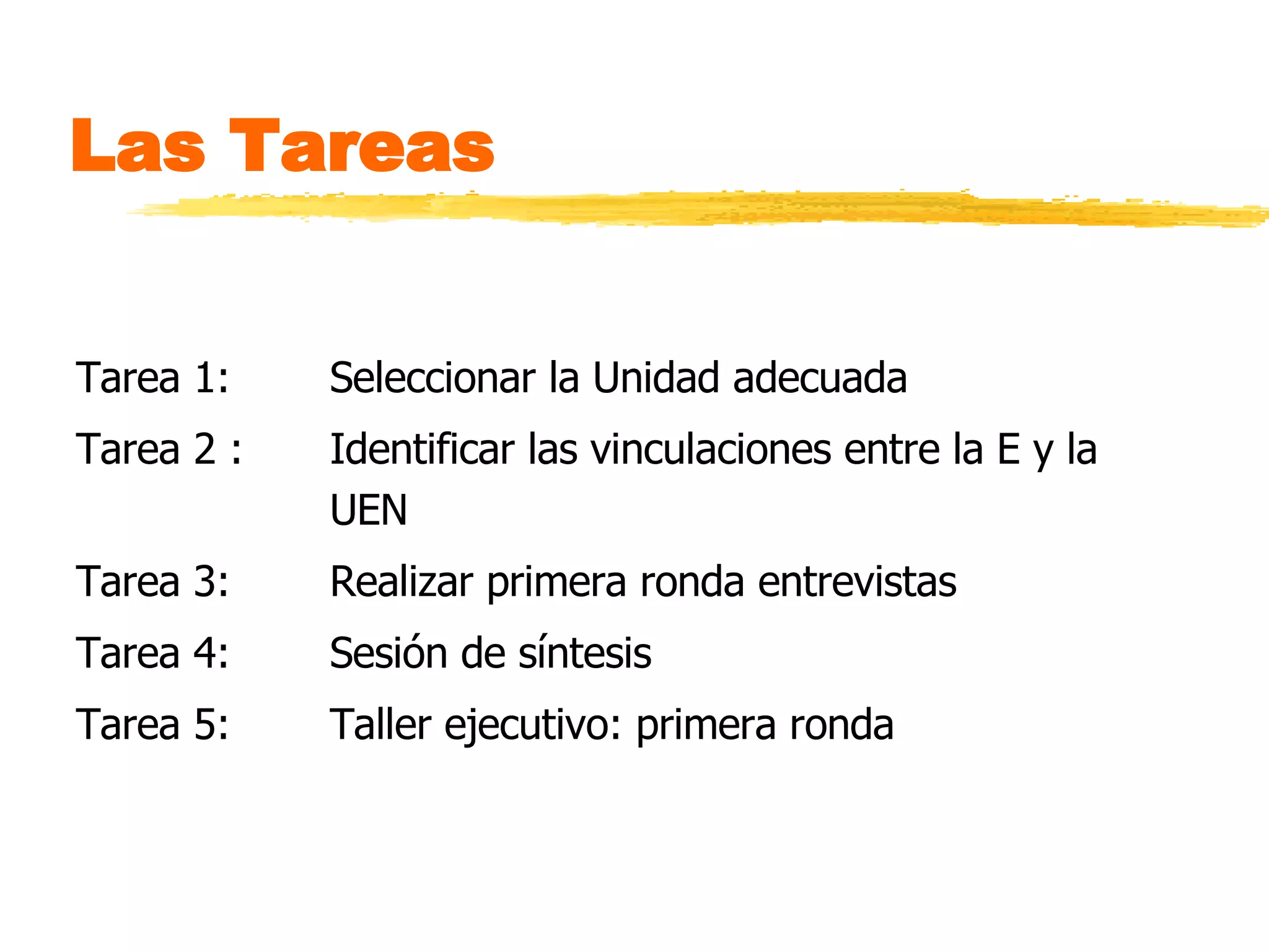 Las Tareas  Tarea 1: Seleccionar la Unidad adecuada Tarea 2 : Identificar las vinculaciones entre la E y la  UEN Tarea 3: Realizar primera ronda entrevistas Tarea 4: Sesión de síntesis Tarea 5: Taller ejecutivo: primera ronda 