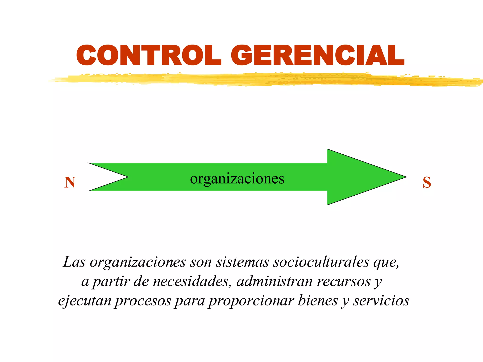 CONTROL GERENCIAL N S organizaciones Las organizaciones son sistemas socioculturales que,  a partir de necesidades, administran recursos y  ejecutan procesos para proporcionar bienes y servicios 