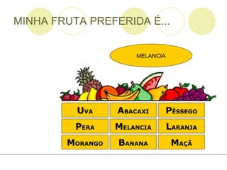 MINHA FRUTA PREFERIDA É... M ORANGO A BACAXI P ÊSSEGO L ARANJA B ANANA P ERA M ELANCIA M AÇÃ U VA MELANCIA 
