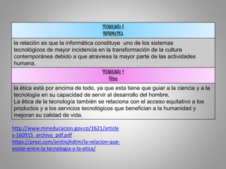 TECNOLOGIA E
INFORMATICA
la relación es que la informática constituye uno de los sistemas
tecnológicos de mayor incidencia en la transformación de la cultura
contemporánea debido a que atraviesa la mayor parte de las actividades
humana.
TECNOLOGIA Y
Ética
la ética está por encima de todo, ya que esta tiene que guiar a la ciencia y a la
tecnología en su capacidad de servir al desarrollo del hombre.
La ética de la tecnología también se relaciona con el acceso equitativo a los
productos y a los servicios tecnológicos que benefician a la humanidad y
mejoran su calidad de vida.
http://www.mineducacion.gov.co/1621/article
s-160915_archivo_pdf.pdf
https://prezi.com/anitiisjhdtm/la-relacion-que-
existe-entre-la-tecnologia-y-la-etica/
 