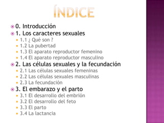  0. Introducción
 1. Los caracteres sexuales
     1.1 ¿ Qué son ?
     1.2 La pubertad
     1.3 El aparato reproductor femenino
     1.4 El aparato reproductor masculino
 2.   Las células sexuales y la fecundación
     2.1 Las células sexuales femeninas
     2.2 Las células sexuales masculinas
     2.3 La fecundación
 3.   El embarazo y el parto
     3.1 El desarrollo del embrión
     3.2 El desarrollo del feto
     3.3 El parto
     3.4 La lactancia
 