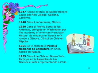 1947  Recibe el título de Doctor Honoris Causa del Mills College, Oakland, California. 1948  Cónsul en Veracruz, México. 1950  Gana el Premio Serra de las Américas, otorgado en Washington por The Academy of American Franciscan History. Se embarca en Nueva York rumbo a Génova. Cónsul de Chile en Nápoles. 1951  Se le concede el  Premio Nacional de Literatura  en Chile. Reside en Rapallo. 1953  Cónsul de Chile en Nueva York. Participa en la Asamblea de Las Naciones Unidas representando a Chile. 