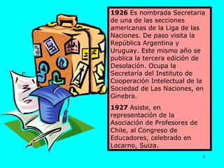 1926  Es nombrada Secretaria de una de las secciones americanas de la Liga de las Naciones. De paso visita la República Argentina y Uruguay. Este mismo año se publica la tercera edición de Desolación. Ocupa la Secretaría del Instituto de Cooperación Intelectual de la Sociedad de Las Naciones, en Ginebra. 1927  Asiste, en representación de la Asociación de Profesores de Chile, al Congreso de Educadores, celebrado en Locarno, Suiza. 