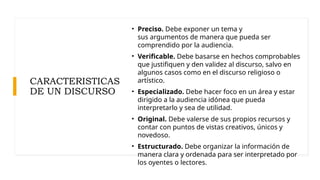 CARACTERISTICAS
DE UN DISCURSO
• Preciso. Debe exponer un tema y
sus argumentos de manera que pueda ser
comprendido por la audiencia.
• Verificable. Debe basarse en hechos comprobables
que justifiquen y den validez al discurso, salvo en
algunos casos como en el discurso religioso o
artístico.
• Especializado. Debe hacer foco en un área y estar
dirigido a la audiencia idónea que pueda
interpretarlo y sea de utilidad.
• Original. Debe valerse de sus propios recursos y
contar con puntos de vistas creativos, únicos y
novedoso.
• Estructurado. Debe organizar la información de
manera clara y ordenada para ser interpretado por
los oyentes o lectores.
 