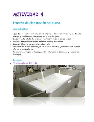 Proceso de elaboración del queso.
Ingredientes:
 Agua: favorece el crecimiento microbiano y por tanto la maduración, afecta a la
textura y rendimiento, influyendo en la vida del queso.
 Grasa: Afecta a la textura, sabor, rendimiento y color de los quesos.
 Lactosa: Afecta al desuerado, textura, sabor y maduración.
 Caseína: Afecta al rendimiento, sabor y olor.
 Proteínas del Suero: contribuyen con el valor nutritivo y la maduración. Pueden
afectar a la coagulación.
 Minerales: participan en la coagulación, influyen en el desuerado y textura de
la cuajada.
Proceso:
 Tratamiento de la Leche
 